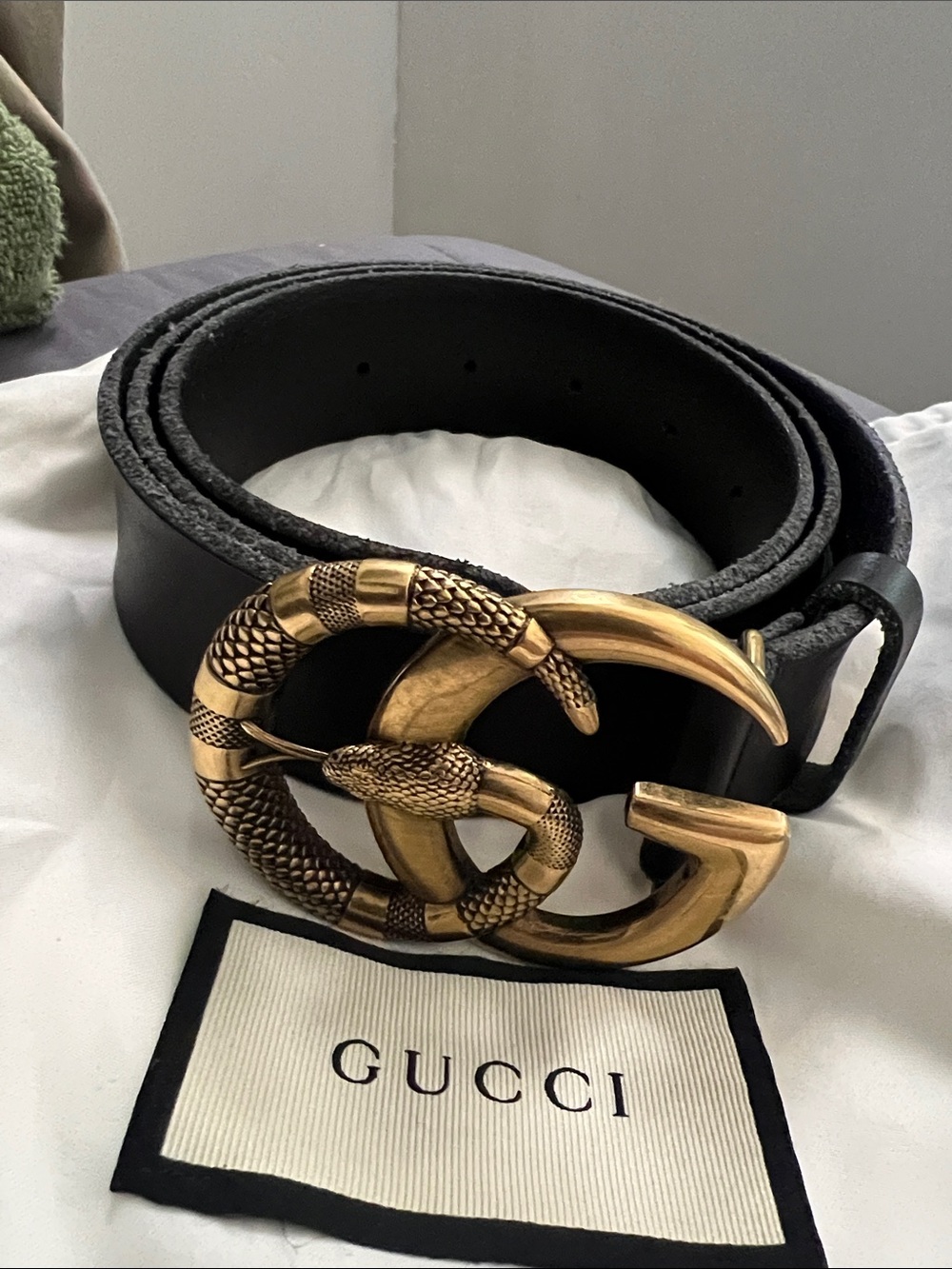 Authentic Gucci Double G Snake Buckle Black Leather Belt Size 90 - Full Set